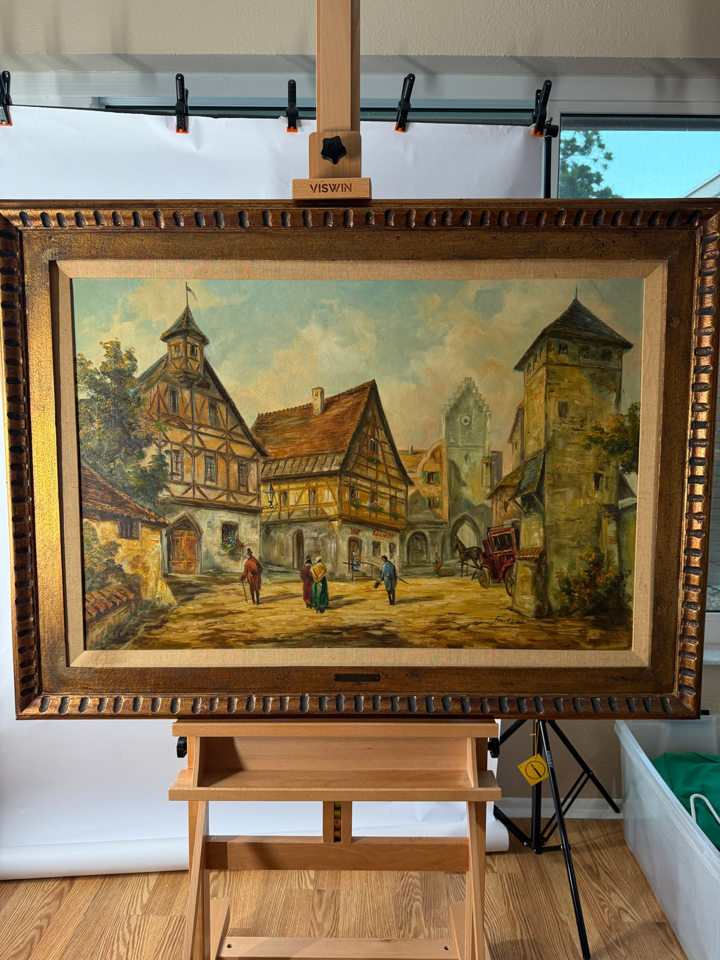 Joseph Spitzer Original Oil – European Village & Carriage – 43" Framed