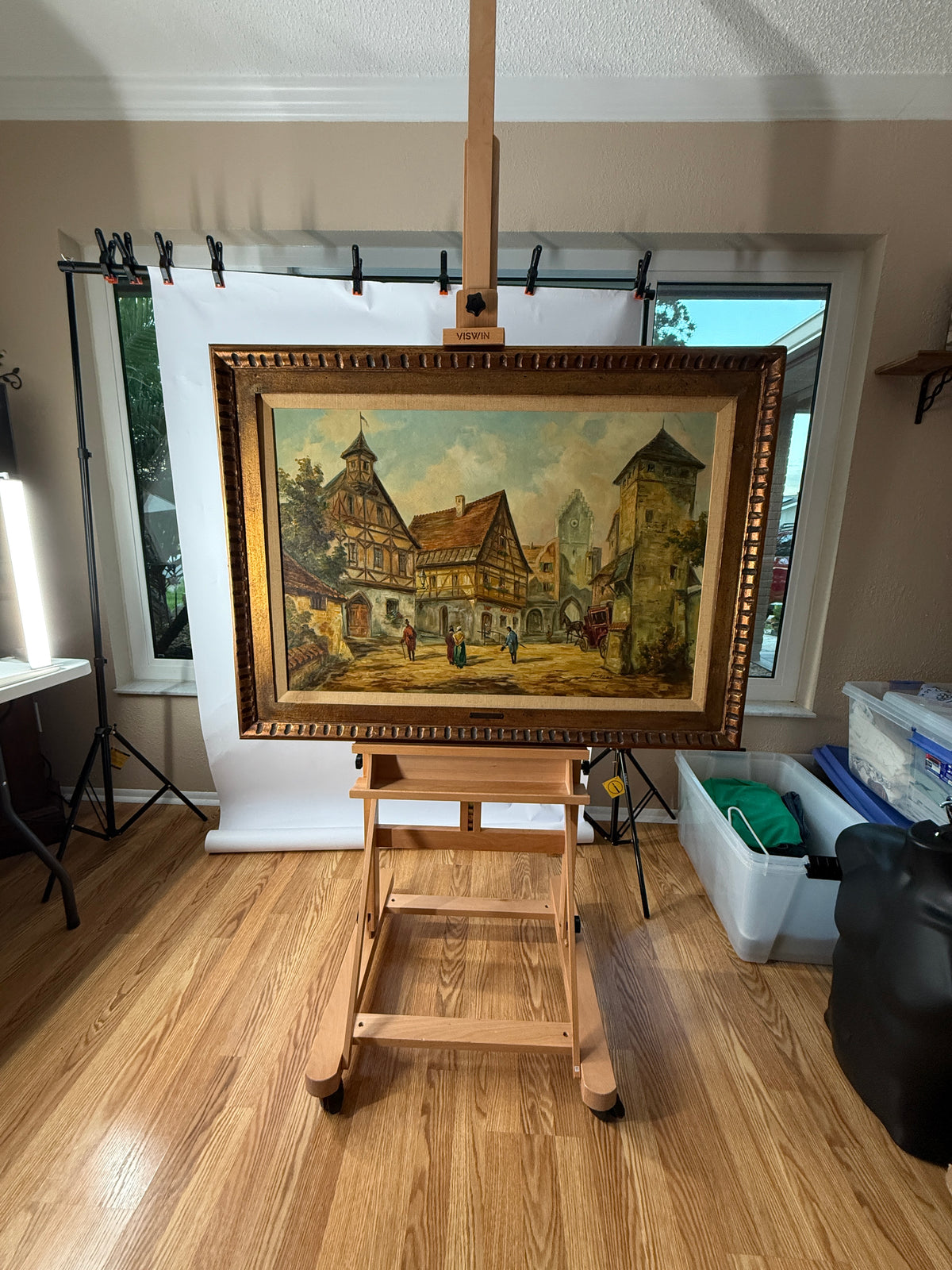 Joseph Spitzer Original Oil – European Village & Carriage – 43" Framed