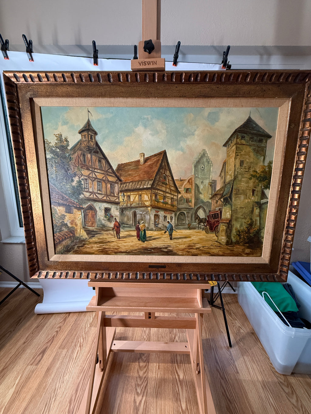 Joseph Spitzer Original Oil – European Village & Carriage – 43" Framed