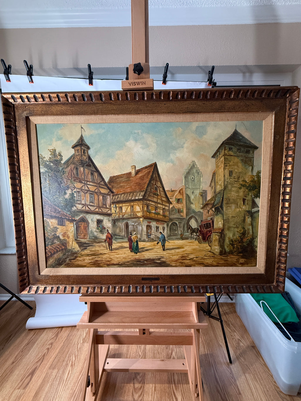 Joseph Spitzer Original Oil – European Village & Carriage – 43" Framed