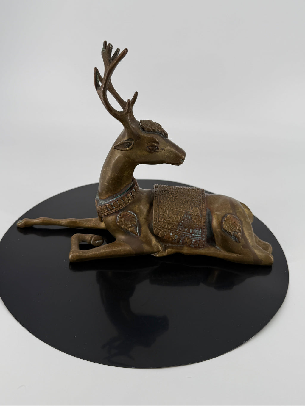 Vintage Brass Reclining Stag Deer Figurine – Ornate Saddle Detail – 11"