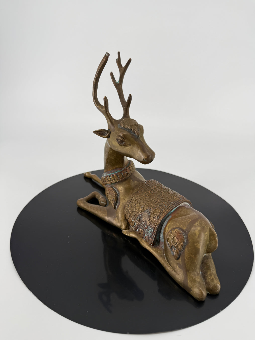 Vintage Brass Reclining Stag Deer Figurine – Ornate Saddle Detail – 11"
