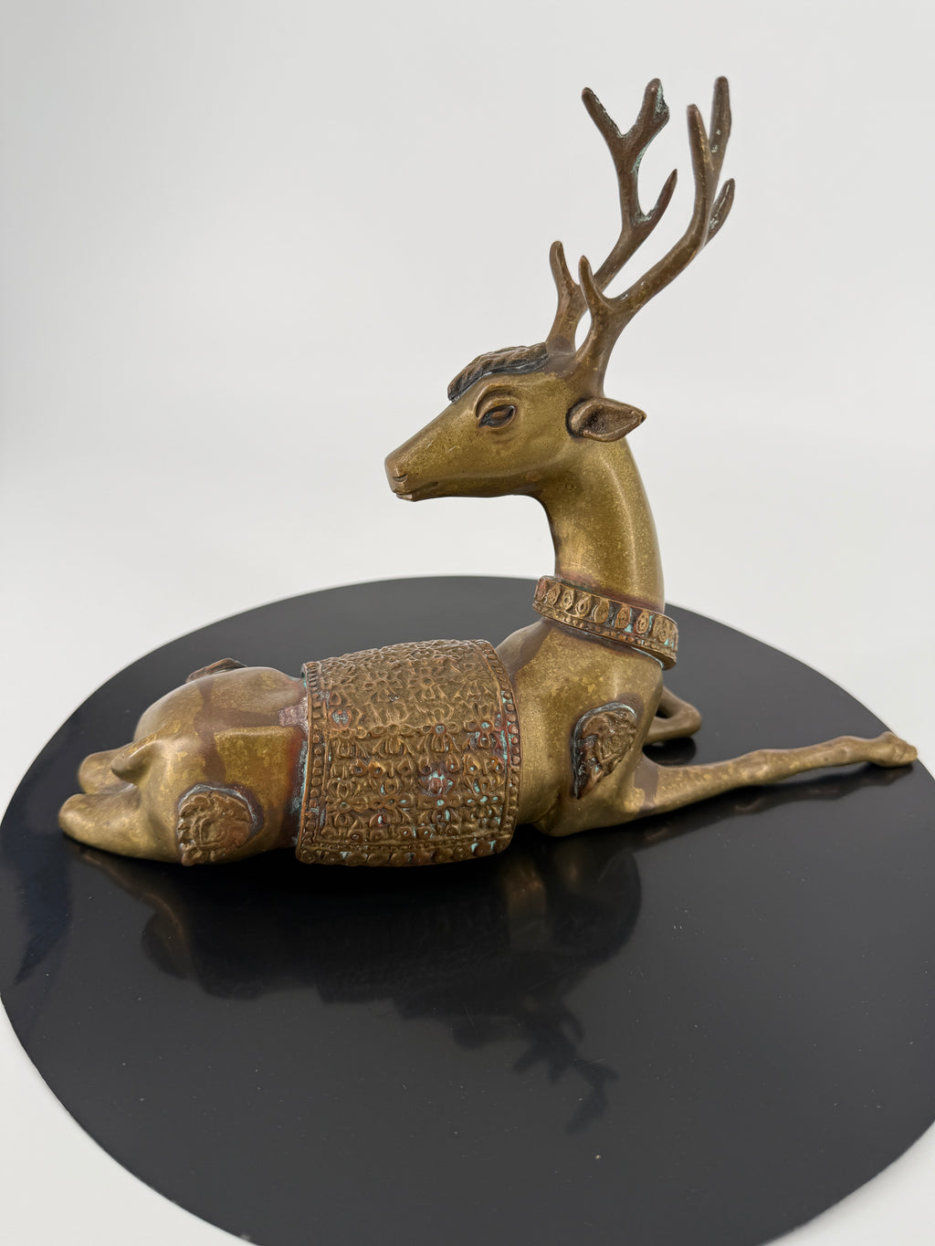 Vintage Brass Reclining Stag Deer Figurine – Ornate Saddle Detail – 11"