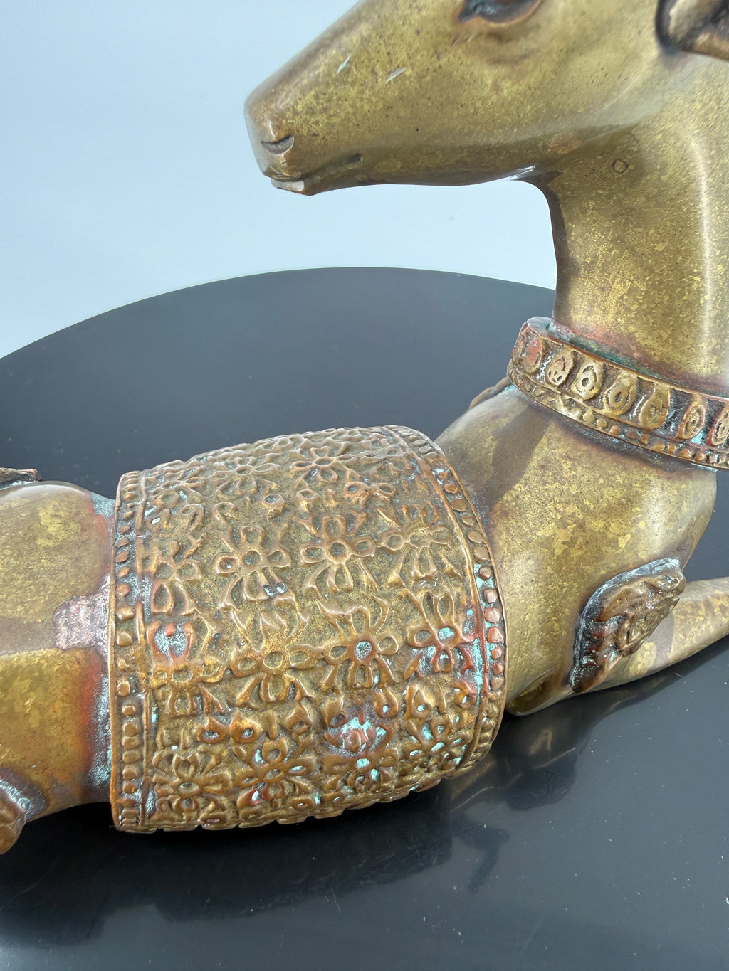 Vintage Brass Reclining Stag Deer Figurine – Ornate Saddle Detail – 11"