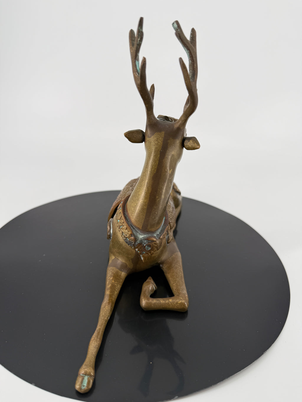 Vintage Brass Reclining Stag Deer Figurine – Ornate Saddle Detail – 11"
