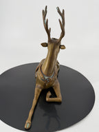 Vintage Brass Reclining Stag Deer Figurine – Ornate Saddle Detail – 11"