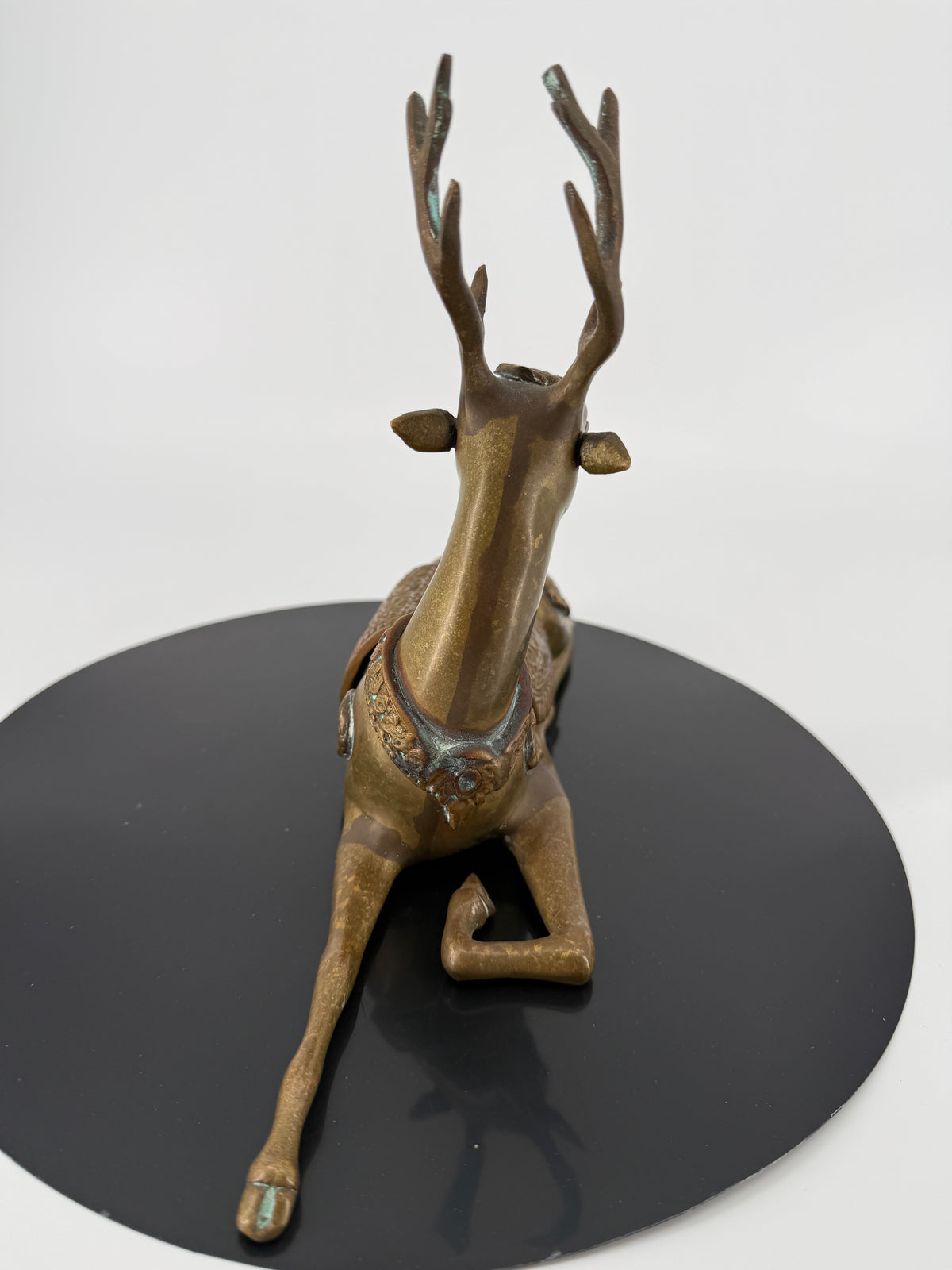 Vintage Brass Reclining Stag Deer Figurine – Ornate Saddle Detail – 11"
