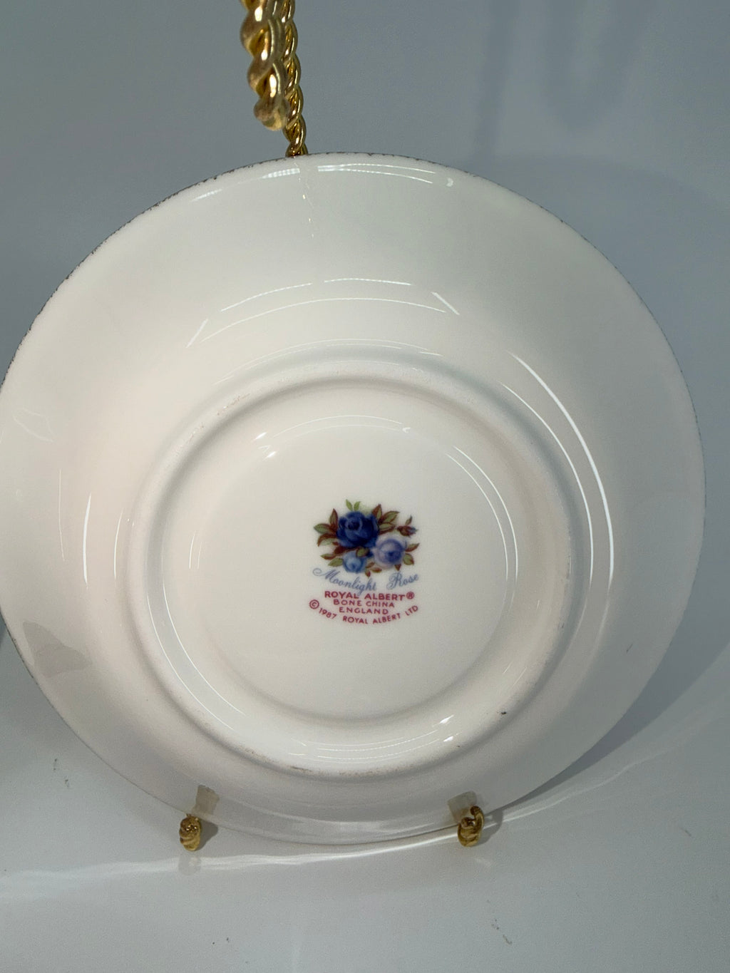 Vintage English Bone China Teacup and Saucer Trio with Stands - Royal Albert Moonlight Rose, Tuscan Birthday Flowers & Solid Yellow Gilt Duo