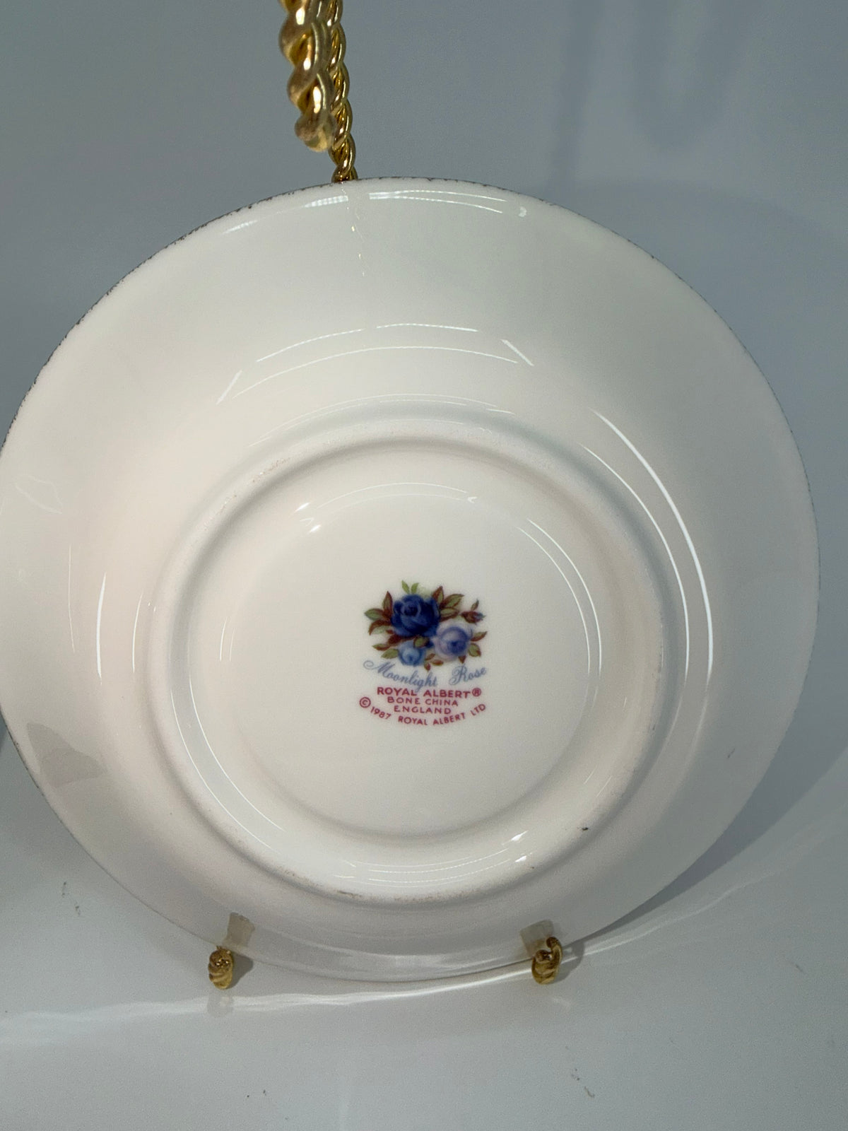 Vintage English Bone China Teacup and Saucer Trio with Stands - Royal Albert Moonlight Rose, Tuscan Birthday Flowers & Solid Yellow Gilt Duo