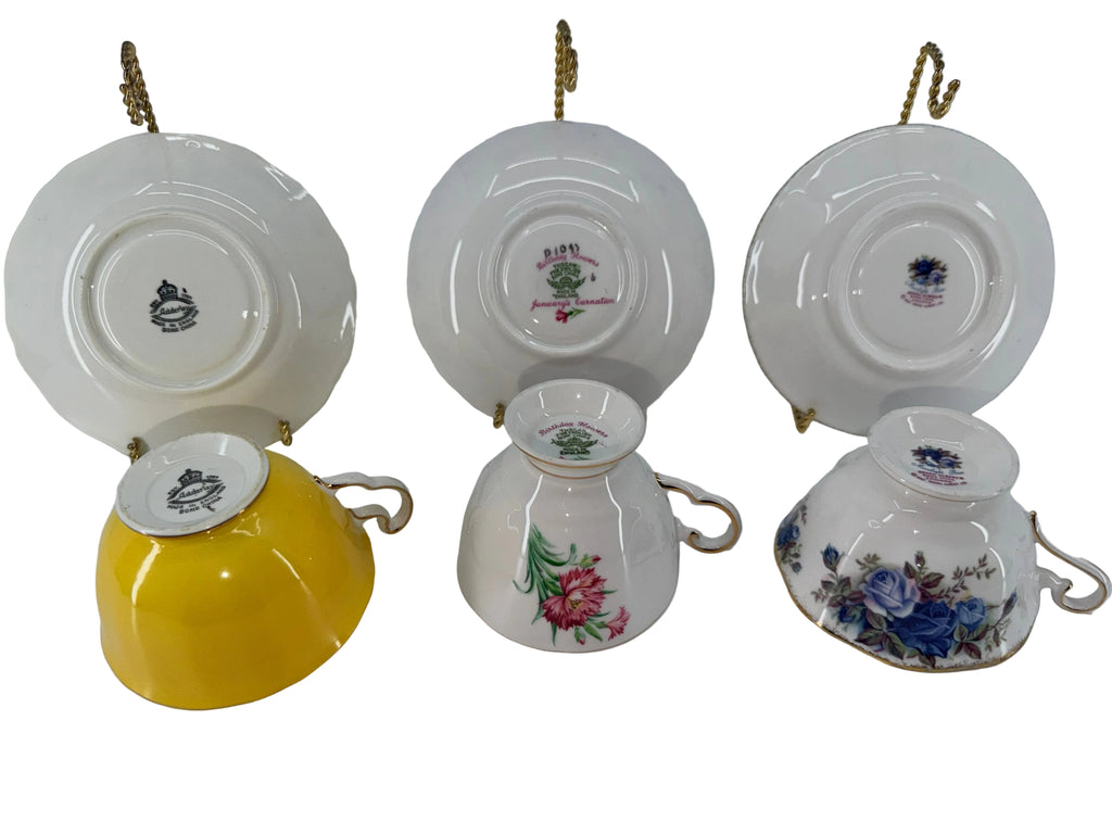 Vintage English Bone China Teacup and Saucer Trio with Stands - Royal Albert Moonlight Rose, Tuscan Birthday Flowers & Solid Yellow Gilt Duo