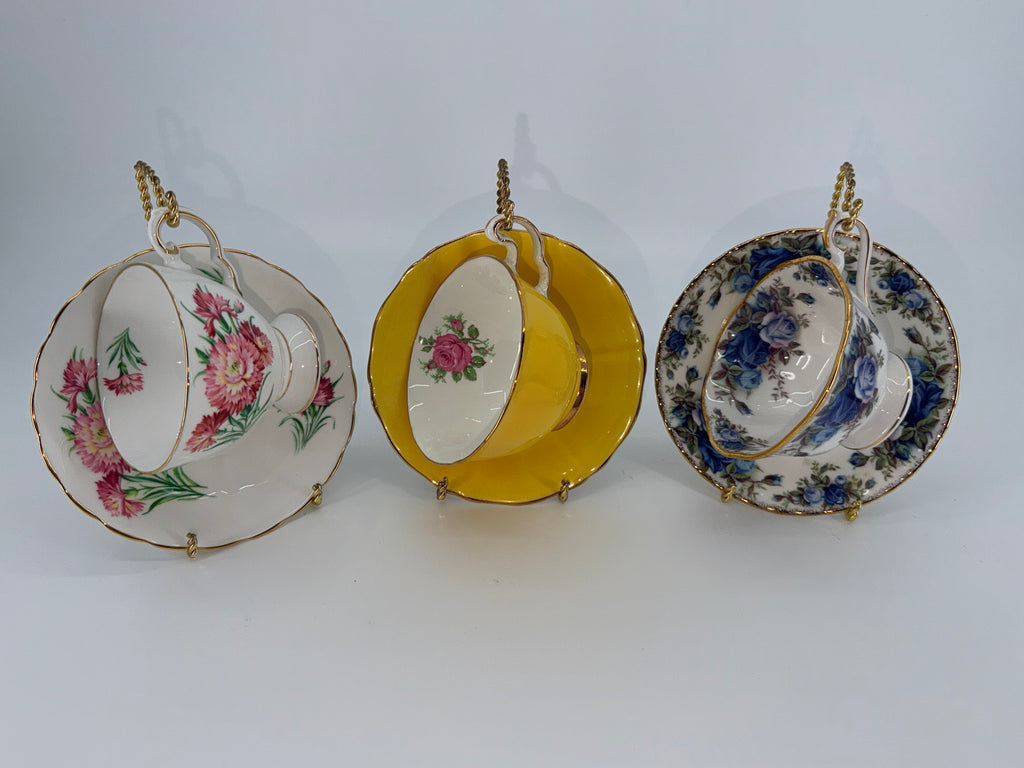 Vintage English Bone China Teacup and Saucer Trio with Stands - Royal Albert Moonlight Rose, Tuscan Birthday Flowers & Solid Yellow Gilt Duo