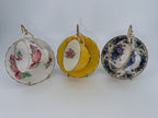 Vintage English Bone China Teacup and Saucer Trio with Stands - Royal Albert Moonlight Rose, Tuscan Birthday Flowers & Solid Yellow Gilt Duo