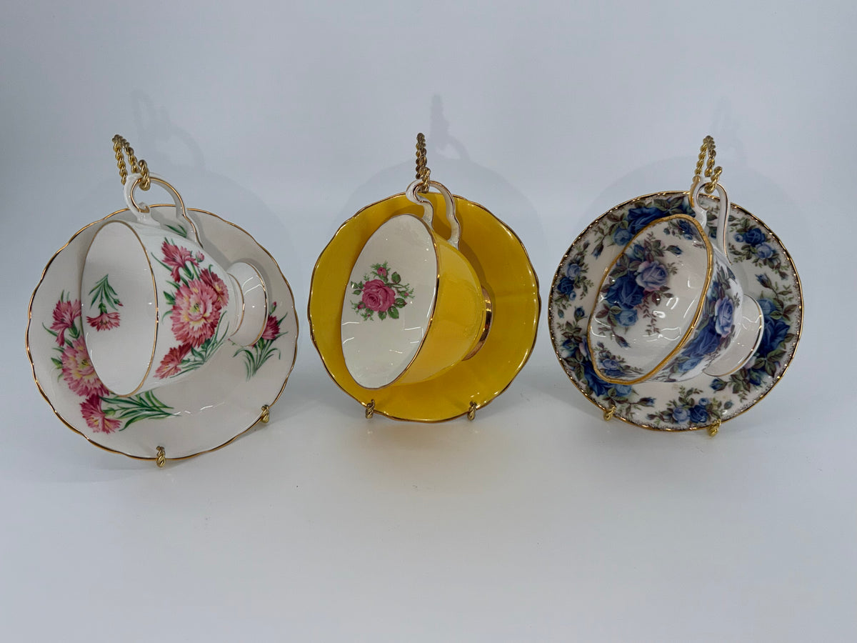 Vintage English Bone China Teacup and Saucer Trio with Stands - Royal Albert Moonlight Rose, Tuscan Birthday Flowers & Solid Yellow Gilt Duo