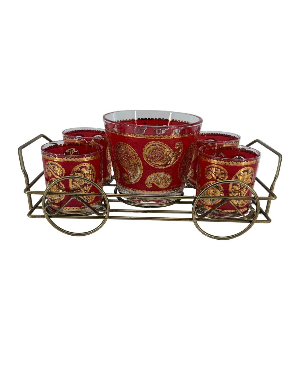 Vintage Culver Ltd. Red & Gold Paisley Barware Set - 22K Overlay Ice Bucket, 4 Lowball Glasses & Wheeled Caddy Cart