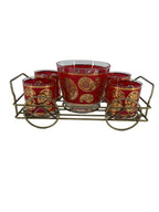 Vintage Culver Ltd. Red & Gold Paisley Barware Set - 22K Overlay Ice Bucket, 4 Lowball Glasses & Wheeled Caddy Cart