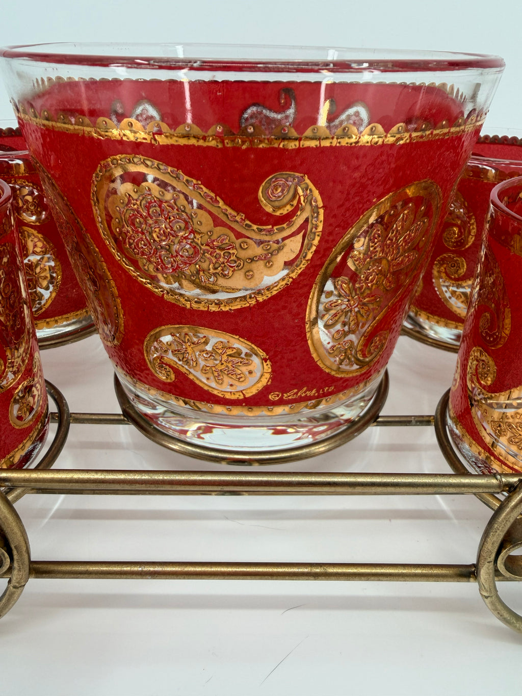 Vintage Culver Ltd. Red & Gold Paisley Barware Set - 22K Overlay Ice Bucket, 4 Lowball Glasses & Wheeled Caddy Cart