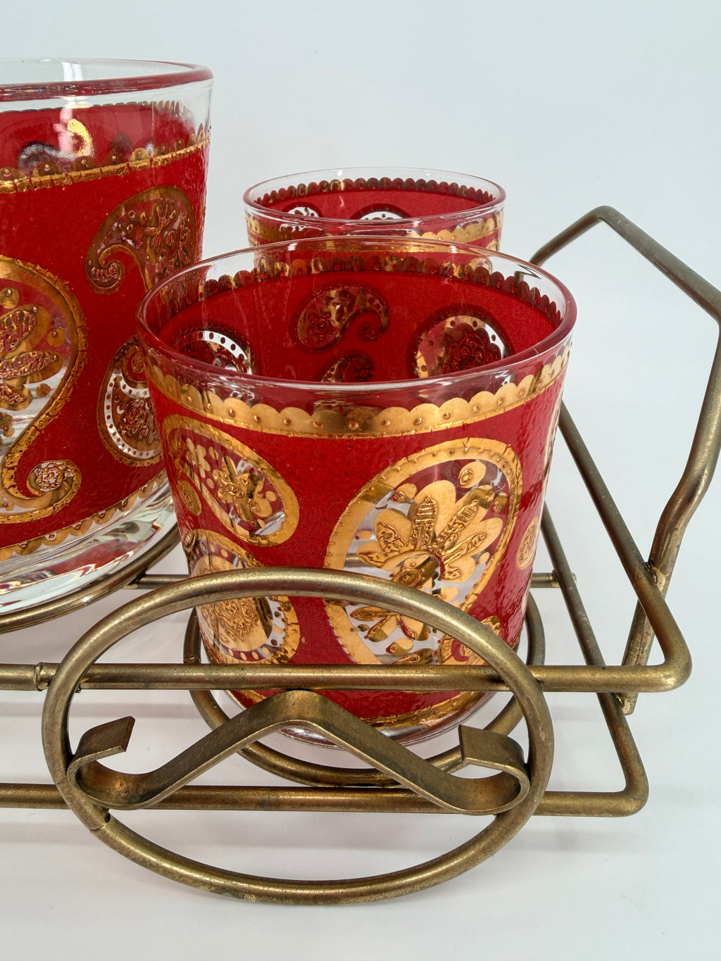 Vintage Culver Ltd. Red & Gold Paisley Barware Set - 22K Overlay Ice Bucket, 4 Lowball Glasses & Wheeled Caddy Cart