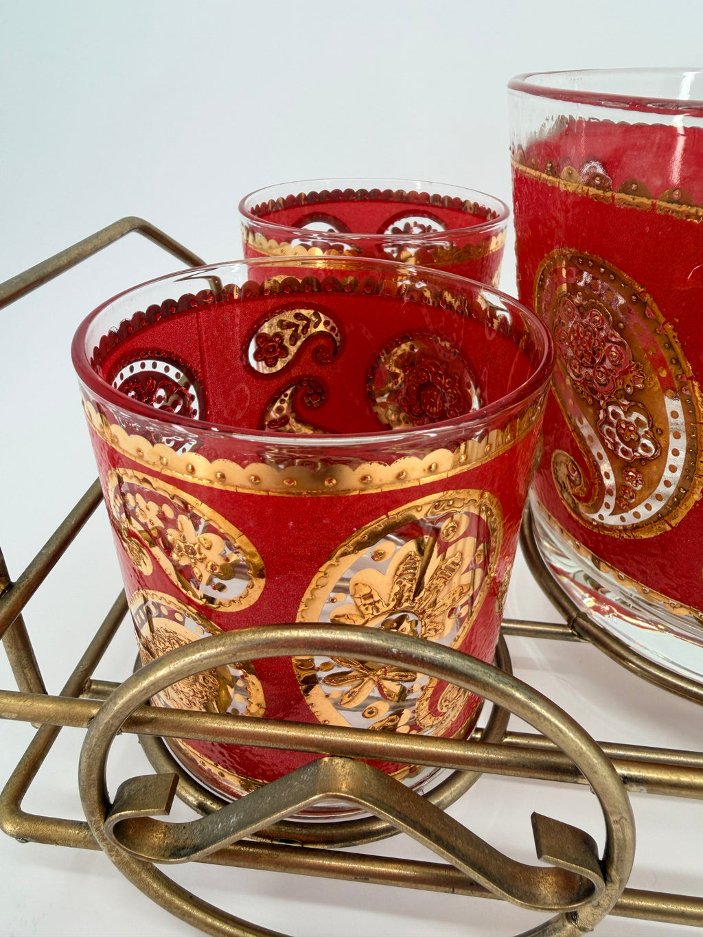 Vintage Culver Ltd. Red & Gold Paisley Barware Set - 22K Overlay Ice Bucket, 4 Lowball Glasses & Wheeled Caddy Cart