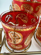 Vintage Culver Ltd. Red & Gold Paisley Barware Set - 22K Overlay Ice Bucket, 4 Lowball Glasses & Wheeled Caddy Cart