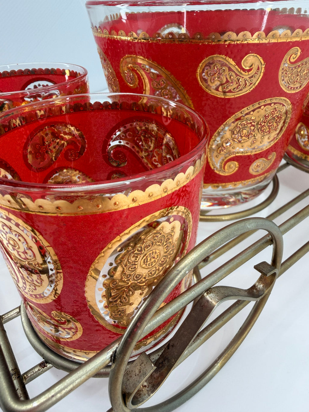 Vintage Culver Ltd. Red & Gold Paisley Barware Set - 22K Overlay Ice Bucket, 4 Lowball Glasses & Wheeled Caddy Cart
