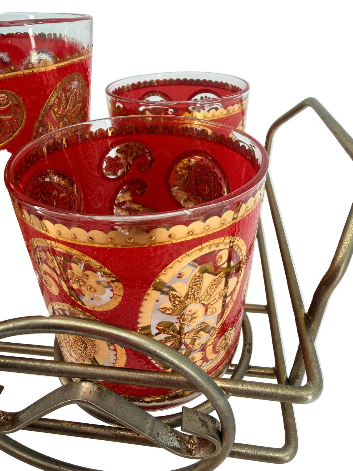 Vintage Culver Ltd. Red & Gold Paisley Barware Set - 22K Overlay Ice Bucket, 4 Lowball Glasses & Wheeled Caddy Cart