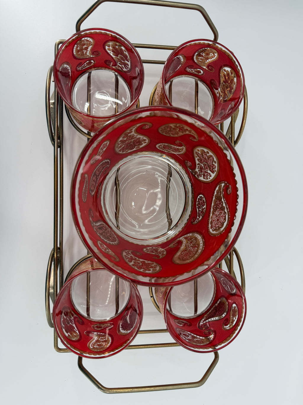 Vintage Culver Ltd. Red & Gold Paisley Barware Set - 22K Overlay Ice Bucket, 4 Lowball Glasses & Wheeled Caddy Cart