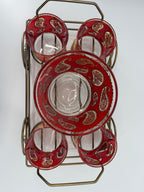 Vintage Culver Ltd. Red & Gold Paisley Barware Set - 22K Overlay Ice Bucket, 4 Lowball Glasses & Wheeled Caddy Cart