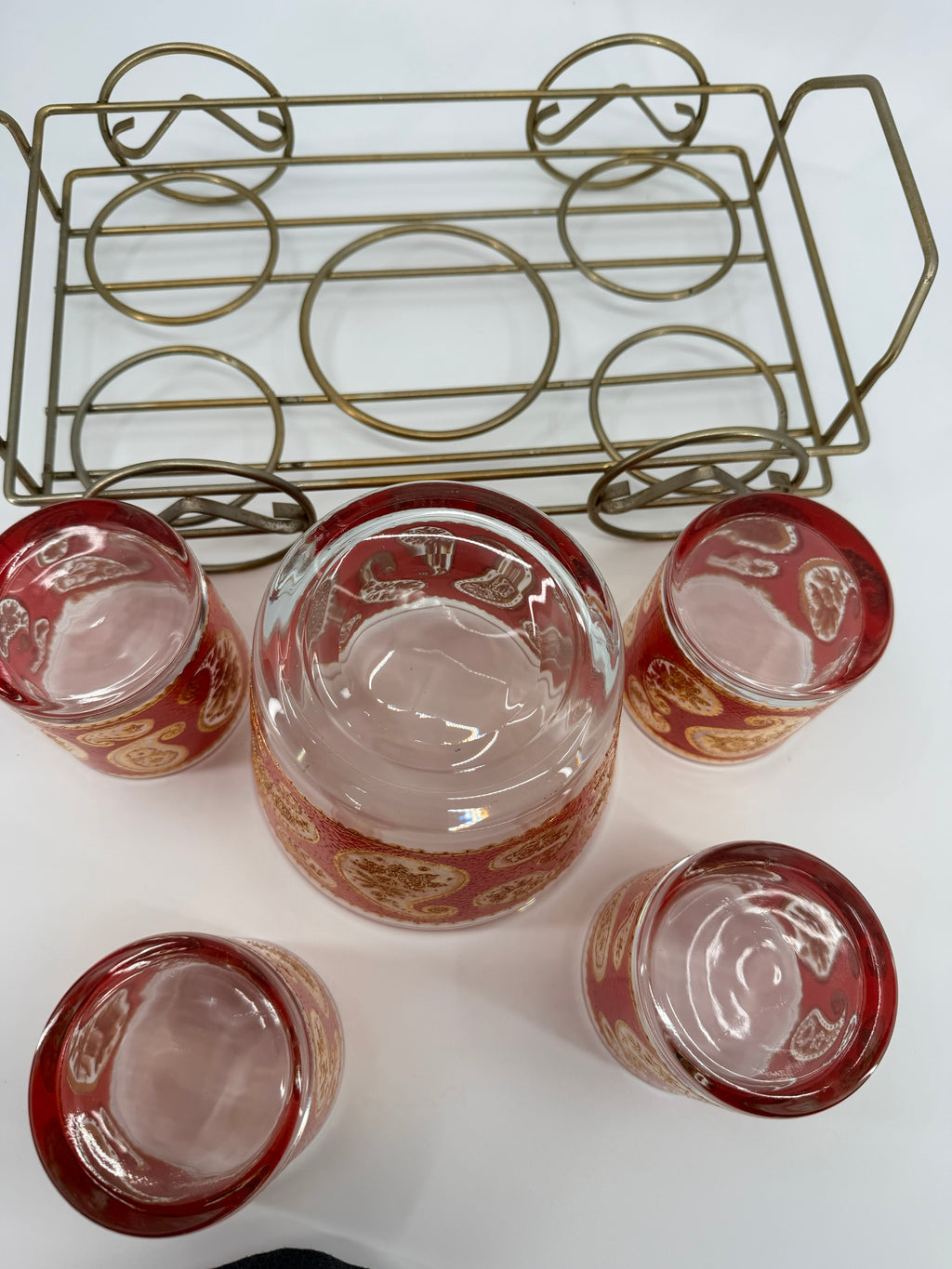Vintage Culver Ltd. Red & Gold Paisley Barware Set - 22K Overlay Ice Bucket, 4 Lowball Glasses & Wheeled Caddy Cart