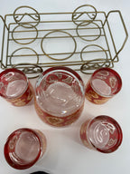 Vintage Culver Ltd. Red & Gold Paisley Barware Set - 22K Overlay Ice Bucket, 4 Lowball Glasses & Wheeled Caddy Cart