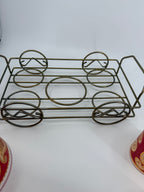 Vintage Culver Ltd. Red & Gold Paisley Barware Set - 22K Overlay Ice Bucket, 4 Lowball Glasses & Wheeled Caddy Cart