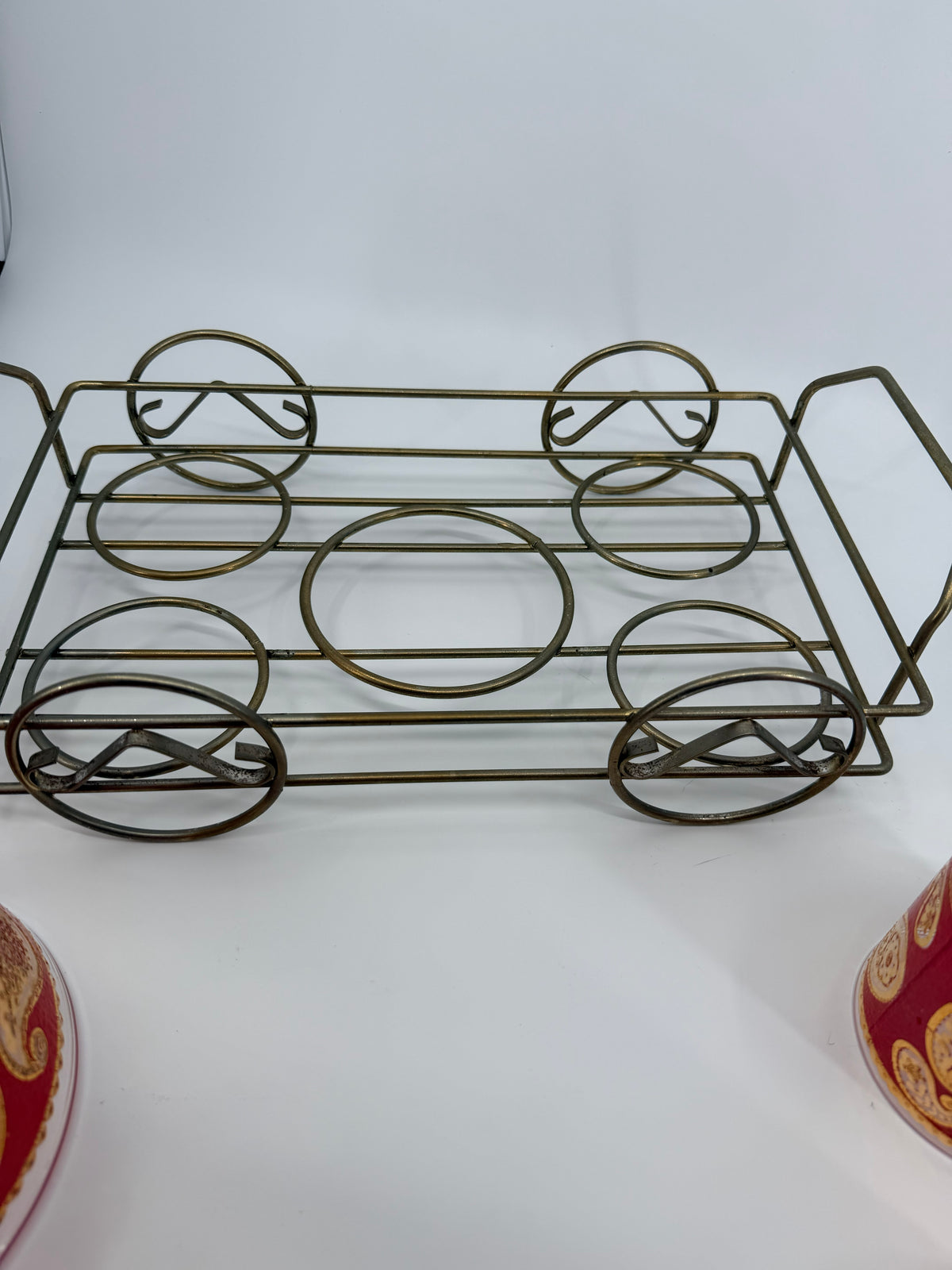 Vintage Culver Ltd. Red & Gold Paisley Barware Set - 22K Overlay Ice Bucket, 4 Lowball Glasses & Wheeled Caddy Cart