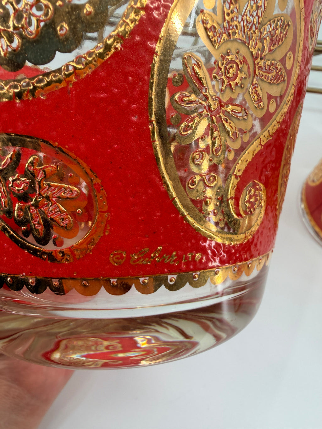 Vintage Culver Ltd. Red & Gold Paisley Barware Set - 22K Overlay Ice Bucket, 4 Lowball Glasses & Wheeled Caddy Cart