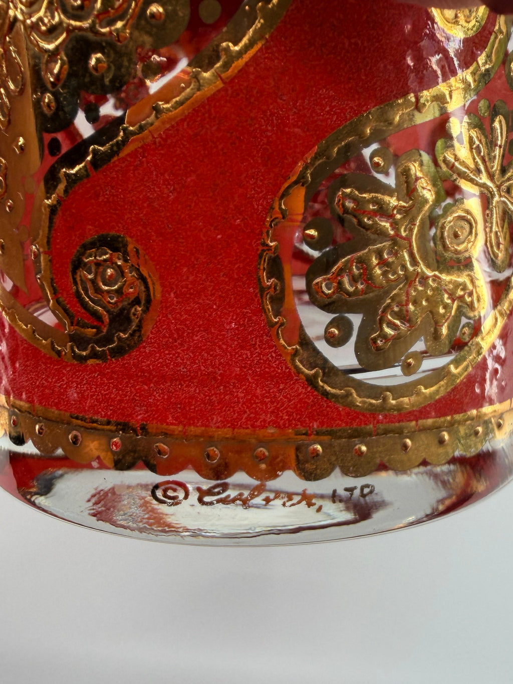 Vintage Culver Ltd. Red & Gold Paisley Barware Set - 22K Overlay Ice Bucket, 4 Lowball Glasses & Wheeled Caddy Cart