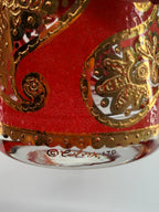 Vintage Culver Ltd. Red & Gold Paisley Barware Set - 22K Overlay Ice Bucket, 4 Lowball Glasses & Wheeled Caddy Cart
