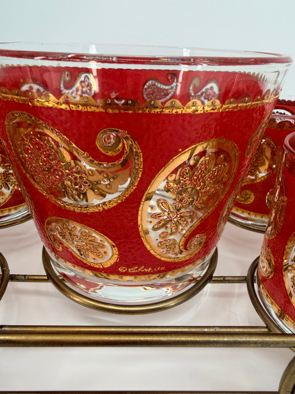 Vintage Culver Ltd. Red & Gold Paisley Barware Set - 22K Overlay Ice Bucket, 4 Lowball Glasses & Wheeled Caddy Cart