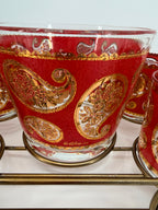 Vintage Culver Ltd. Red & Gold Paisley Barware Set - 22K Overlay Ice Bucket, 4 Lowball Glasses & Wheeled Caddy Cart