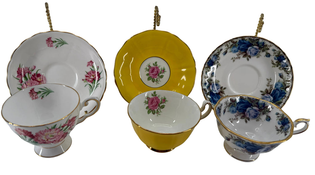 Vintage English Bone China Teacup and Saucer Trio with Stands - Royal Albert Moonlight Rose, Tuscan Birthday Flowers & Solid Yellow Gilt Duo