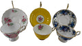 Vintage English Bone China Teacup and Saucer Trio with Stands - Royal Albert Moonlight Rose, Tuscan Birthday Flowers & Solid Yellow Gilt Duo