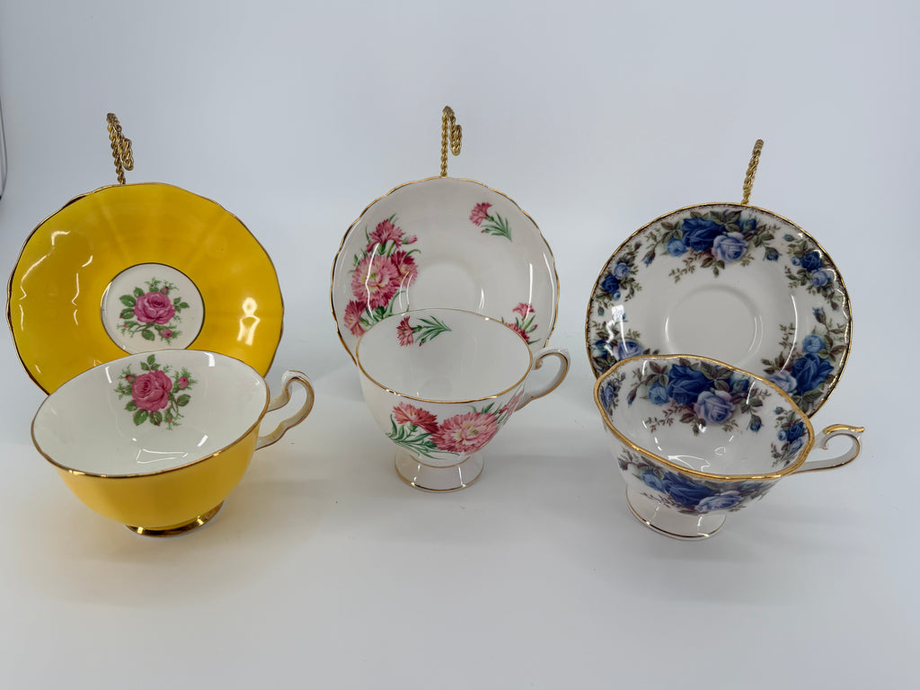 Vintage English Bone China Teacup and Saucer Trio with Stands - Royal Albert Moonlight Rose, Tuscan Birthday Flowers & Solid Yellow Gilt Duo