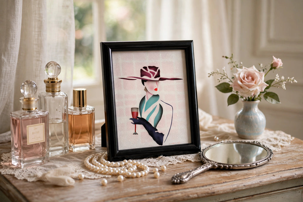 Styled lifestyle photo — the small Art Deco lady framed artwork (9.5 × 11.5 in) on a dressing-table vanity with perfume bottles and pearls (display inspiration)