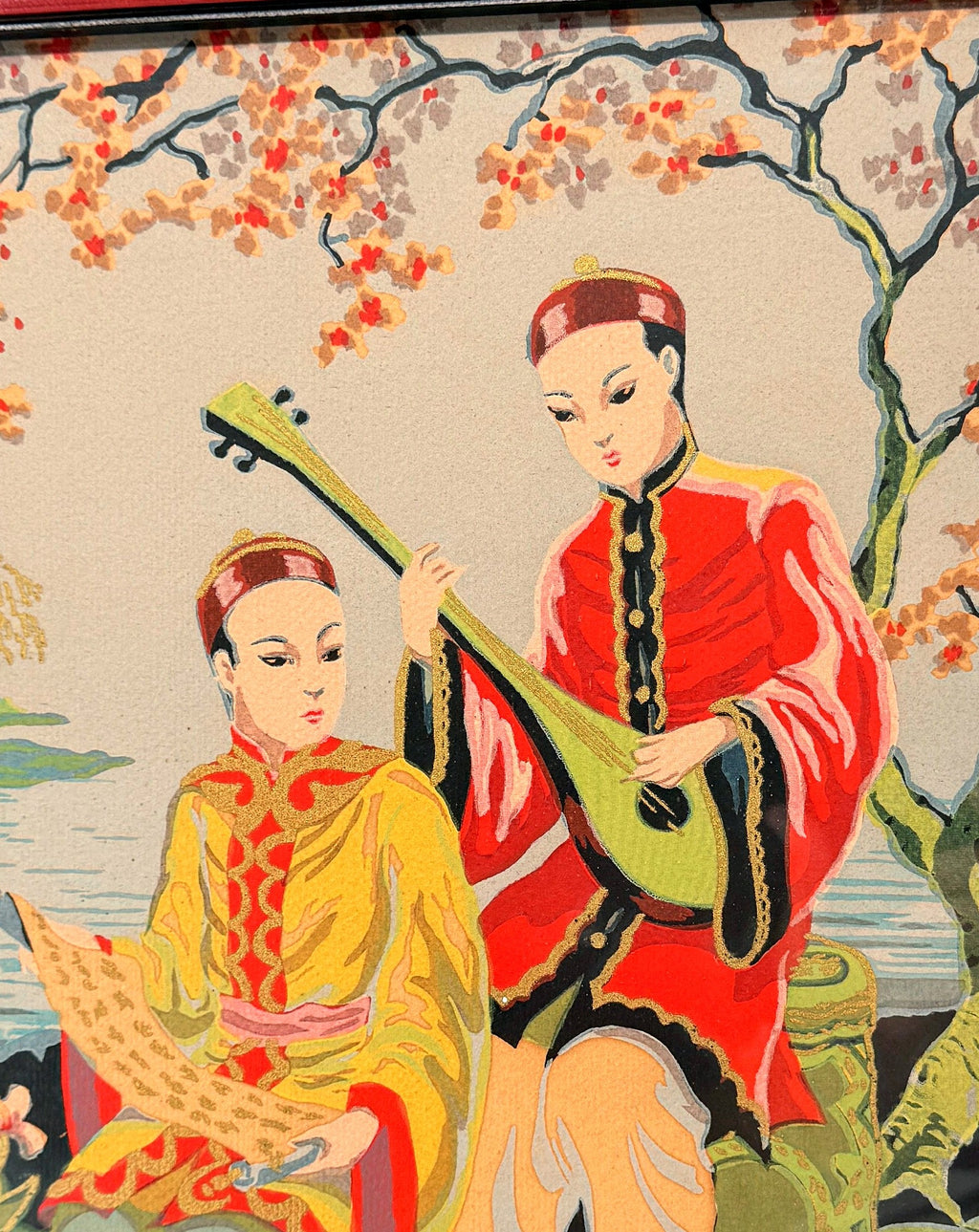 Close-up detail — the two musicians with the pipa, gold-thread trim and cherry blossoms, first panel