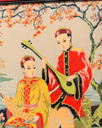 Close-up detail — the two musicians with the pipa, gold-thread trim and cherry blossoms, first panel