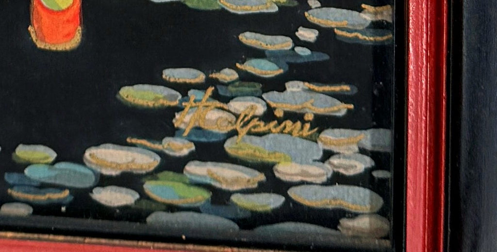 Close-up detail — the artist's gold signature among the painted pebbles on the musicians panel
