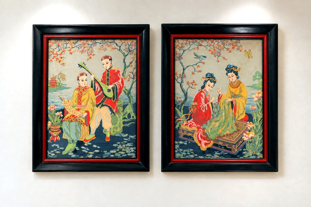 Styled wall view of both vintage framed Asian figural textile artworks together