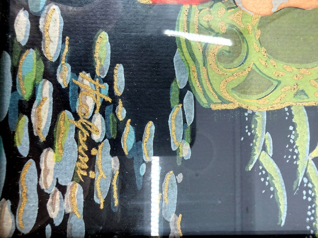 Vintage Asian figural textile art — signed framed pair — extreme close-up of the textile surface and gold-thread signature on the musicians panel