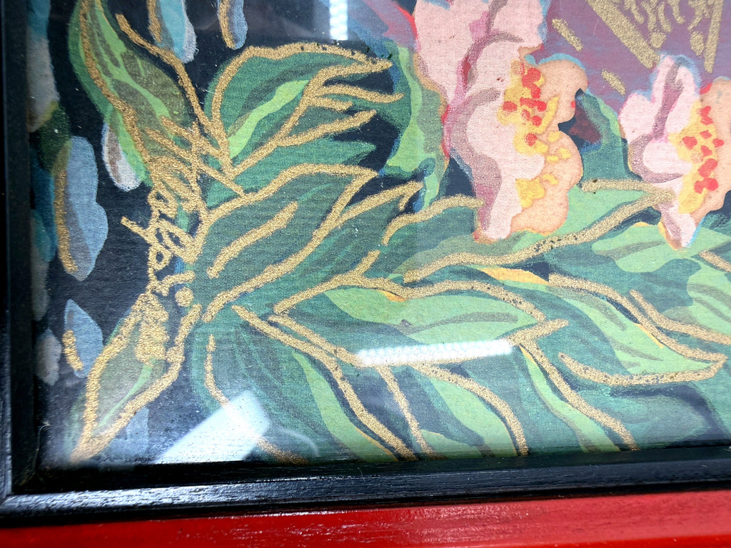 Vintage Asian figural textile art — signed framed pair — extreme close-up of the foliage stitching on the second panel