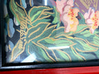Vintage Asian figural textile art — signed framed pair — extreme close-up of the foliage stitching on the second panel