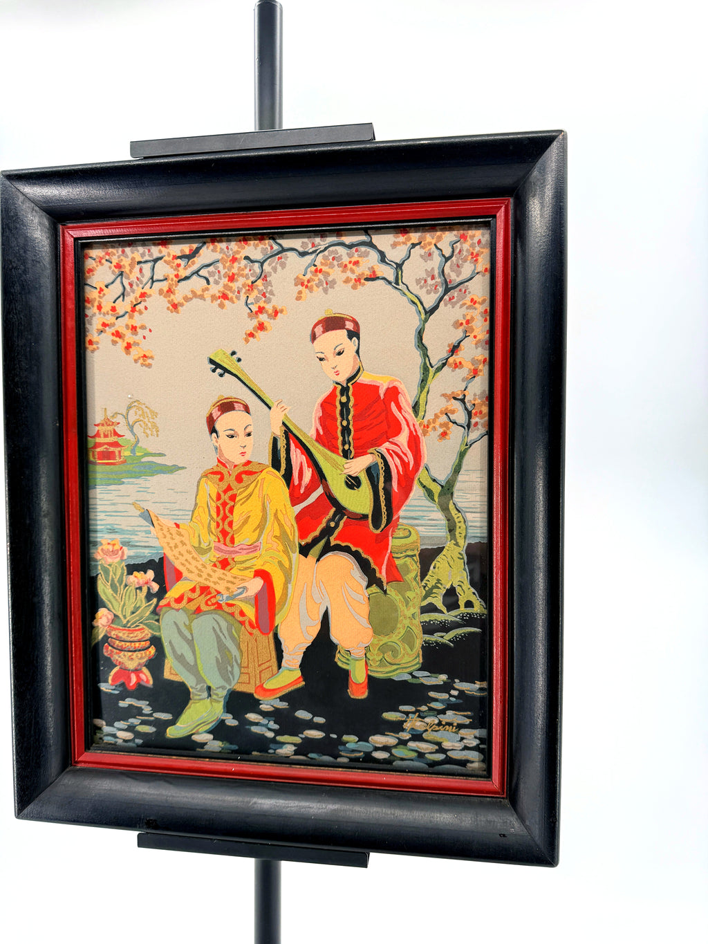 Vintage Asian figural textile art — signed framed pair — the musicians panel, front view closer
