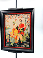 Vintage Asian figural textile art — signed framed pair — the musicians panel, front view closer