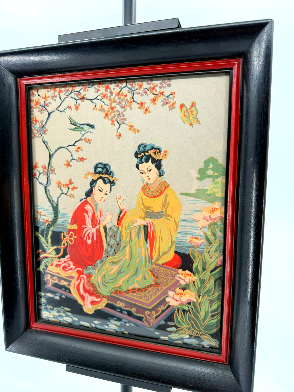 Vintage Asian figural textile art — signed framed pair — the two-women panel from a right angle